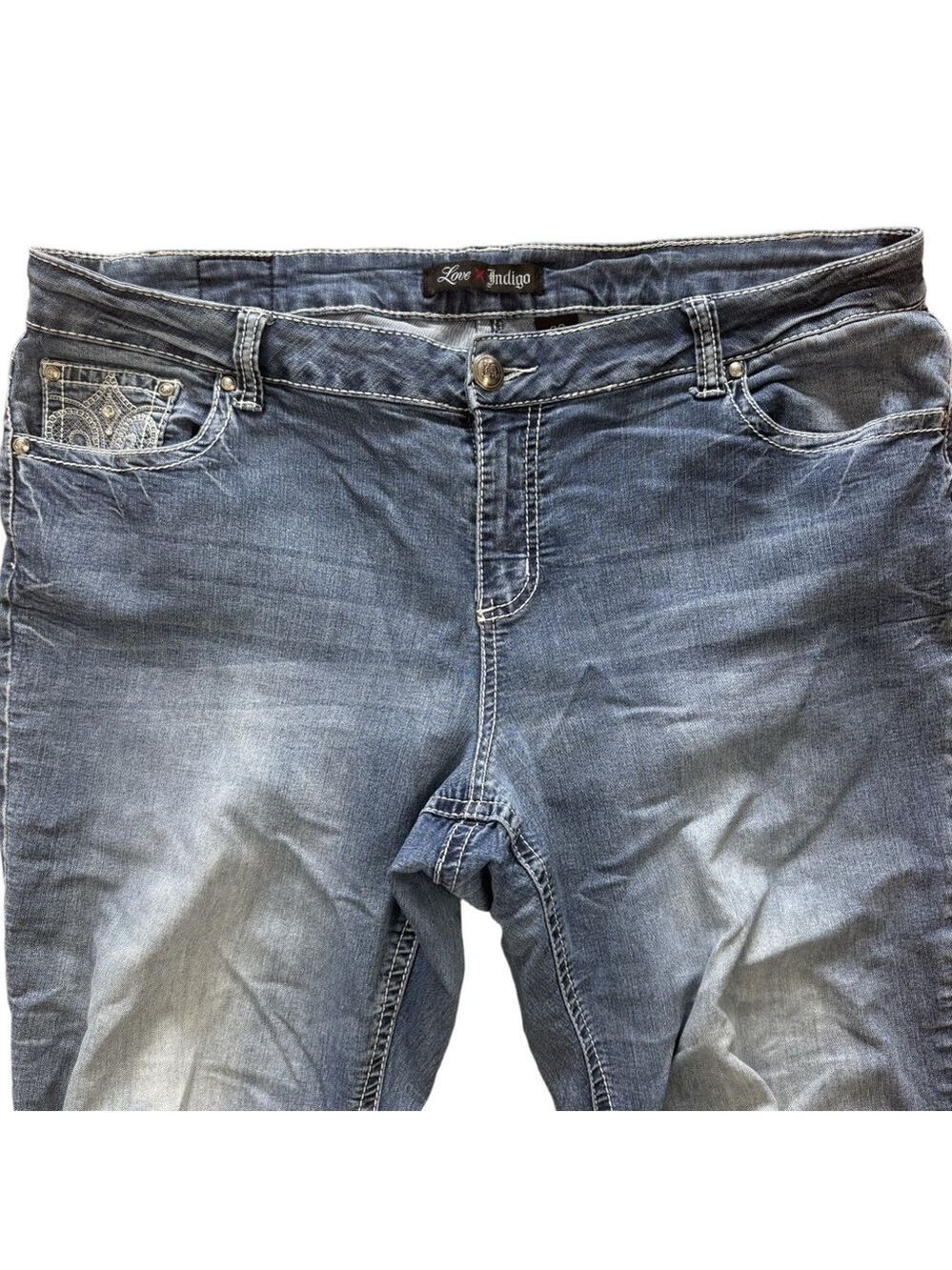 LOVE INDIGO Fleur De Lis Bling Bootcut Jeans Size 20 Y2K Embellished โจ - Picture 2 of 15